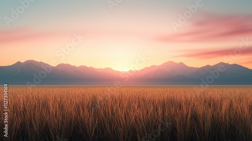 Golden meadow at sunrise with majestic mountains in the background