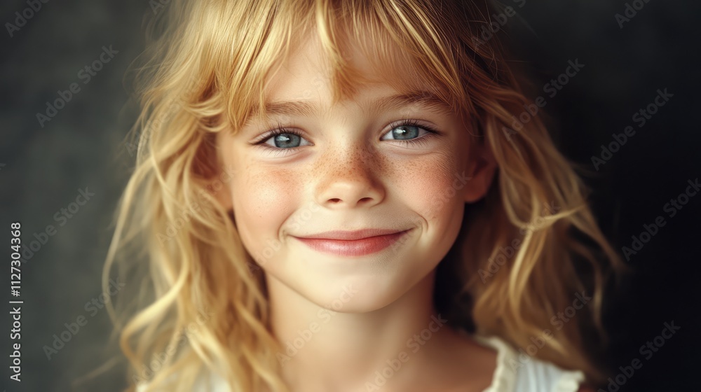 Smiling young blond girl with bright blue eyes and loose wavy hair, set against a soft, muted background, portrait, childhood, joy, happiness, natural light. Smiling young blond girl with bright blue eyes and loose wavy hair, set against a soft, muted background, portrait, childhood, joy, happiness, natural light.
