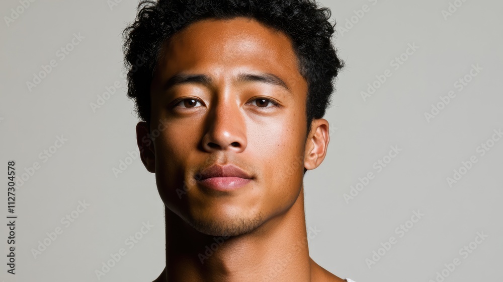 Confident young man posing against a neutral white background, showcasing determination and strength, portrait, male model, studio photography, facial expression. Confident young man posing against a neutral white background, showcasing determination and strength, portrait, male model, studio photography, facial expression.