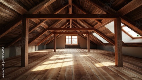 Spacious attic with wooden beams showcasing roof insulation and natural light in a residential construction setting