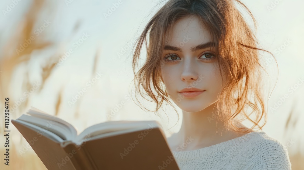 Young woman holding a book outdoors, surrounded by tall grass and softly lit by natural sunlight, capturing a peaceful moment of reading, beauty, nature, serenity, lifestyle. Young woman holding a book outdoors, surrounded by tall grass and softly lit by natural sunlight, capturing a peaceful moment of reading, beauty, nature, serenity, lifestyle.