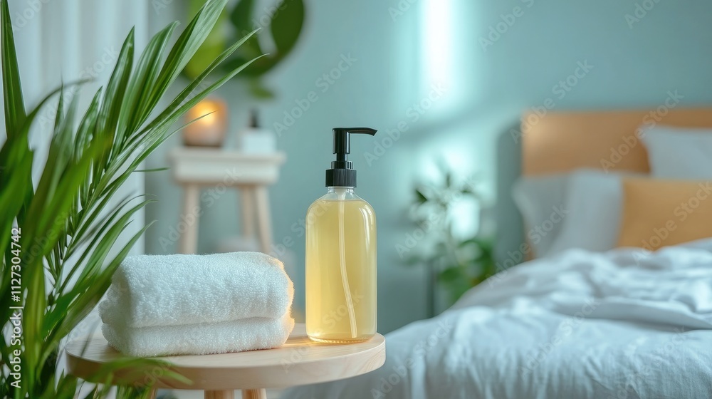 Serene bedroom with natural elements featuring a cozy bed, fresh towels, and a stylish lotion bottle on a wooden table Serene bedroom with natural elements featuring a cozy bed, fresh towels, and a stylish lotion bottle on a wooden table