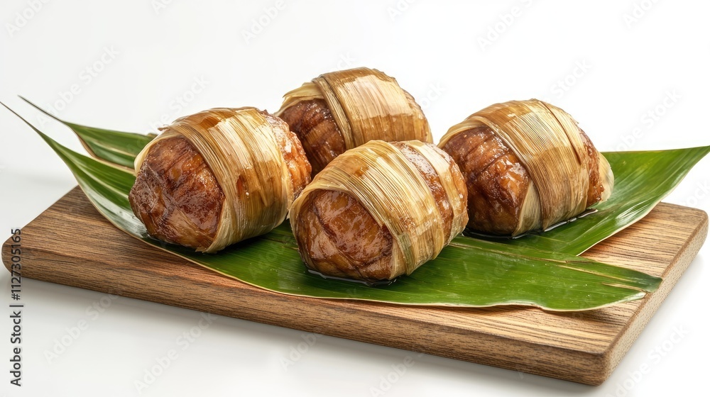 Steamed coconut delicacies presented on banana leaves showcasing traditional Ongol Ongol wrapped in bamboo on a wooden board isolated background Steamed coconut delicacies presented on banana leaves showcasing traditional Ongol Ongol wrapped in bamboo on a wooden board isolated background