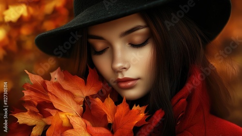 Autumn beauty portrait of a girl in red coat and black hat holding colorful maple leaves with closed eyes in a forest setting photo