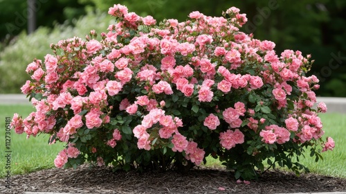 Vibrant pink rose bush in full bloom showcasing lush flowers against a garden backdrop ideal for floral design and nature themes.