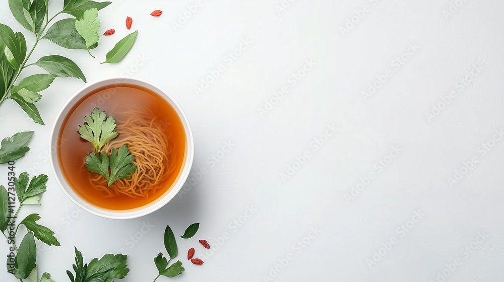 Birds nest soup is served in a simple bowl, garnished with fresh herbs and surrounded by greenery Birds nest soup is served in a simple bowl, garnished with fresh herbs and surrounded by greenery