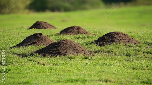 Molehills in a meadow showcasing damage caused by moles undermining garden plants and disrupting the ground ecosystem.