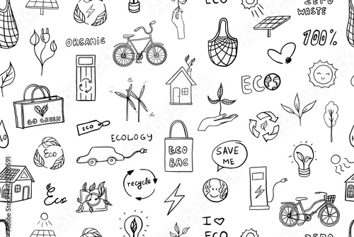 Seamless pattern of ecology icons. Sustainability, recycle, save the planet, eco bag, organic, no plastic, go green, zero waste, reduce, ecological lifestyle, nature conservation. Doodle style