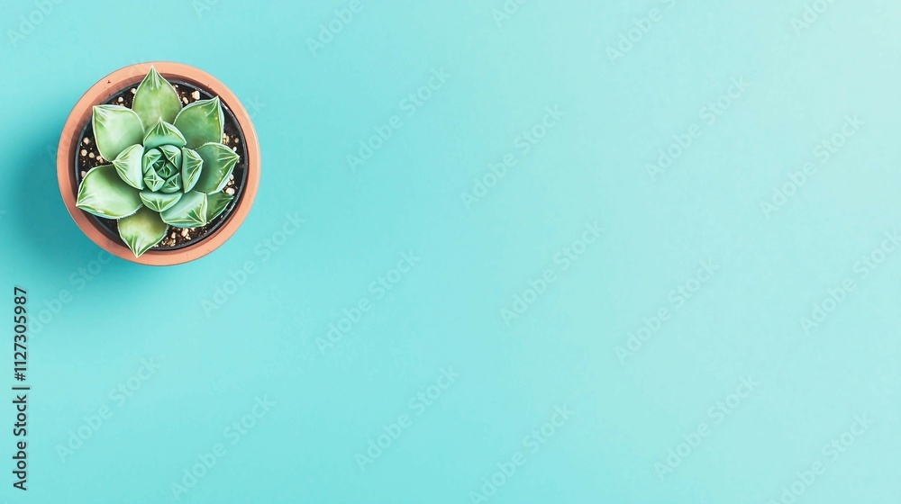 Green Succulent in Terra Cotta Pot on Aqua Background Surface Green Succulent in Terra Cotta Pot on Aqua Background Surface
