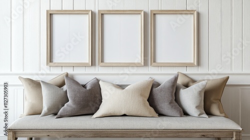 Elegant mockup of blank wooden picture frames on a sofa with beige and gray cushions against a stylish beadboard wall interior decor photo