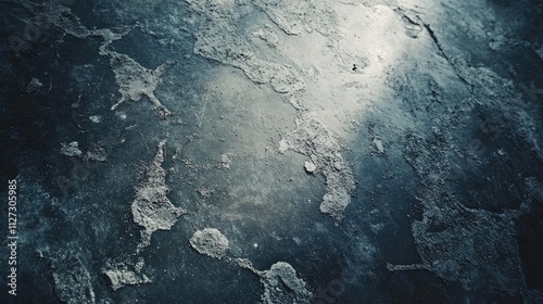 Abstract textured surface of weathered concrete floor with visible salt corrosion and grime in a dark industrial aesthetic background