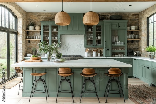 Farmhouse kitchen with green cabinets, stone wall, large island, and pendant lights.