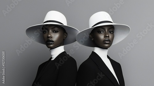 Stylish Women in Black Suits and White Hats Fashion Portrait