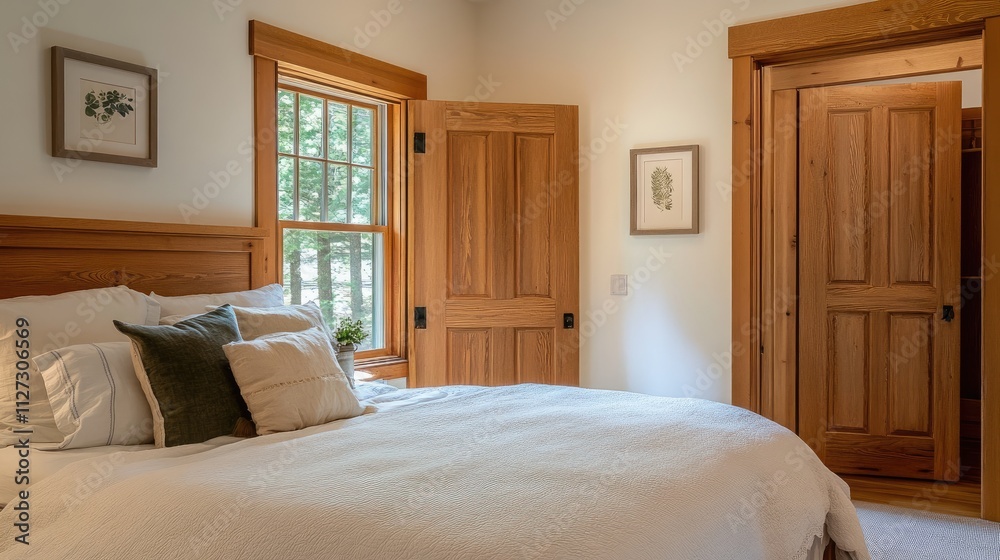 Charming bedroom interior featuring a bed with decorative pillows, warm wood trim, and open closet doors amidst natural light. Charming bedroom interior featuring a bed with decorative pillows, warm wood trim, and open closet doors amidst natural light.