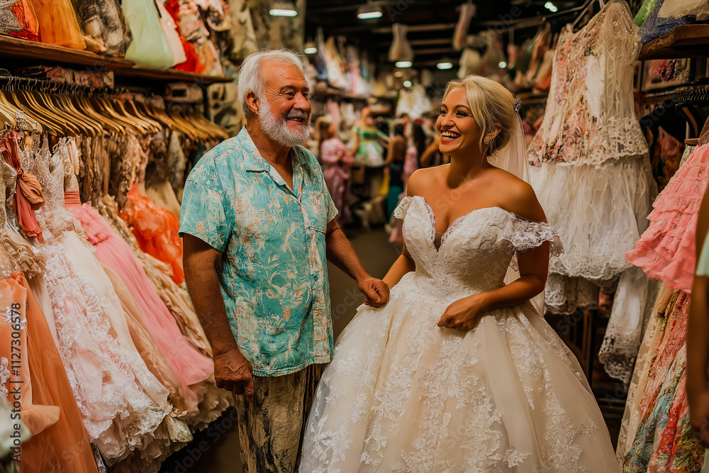 Bride trying on a beautiful lace wedding dress in a bridal shop, accompanied by her smiling father Bride trying on a beautiful lace wedding dress in a bridal shop, accompanied by her smiling father