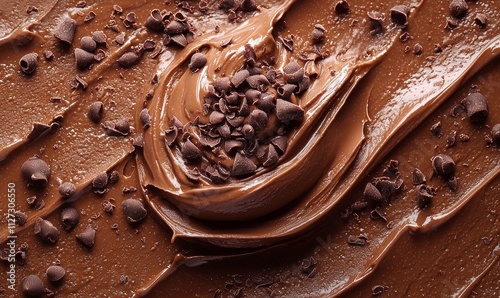 Chocolate swirls with cocoa chips. Closeup shot of rich brown creamy baking spread with scattered dark sweet chips