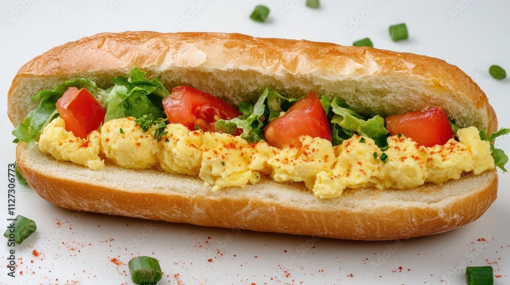 Scrambled egg salad sandwich with fresh tomatoes and lettuce on a crusty bread roll garnished with green onions