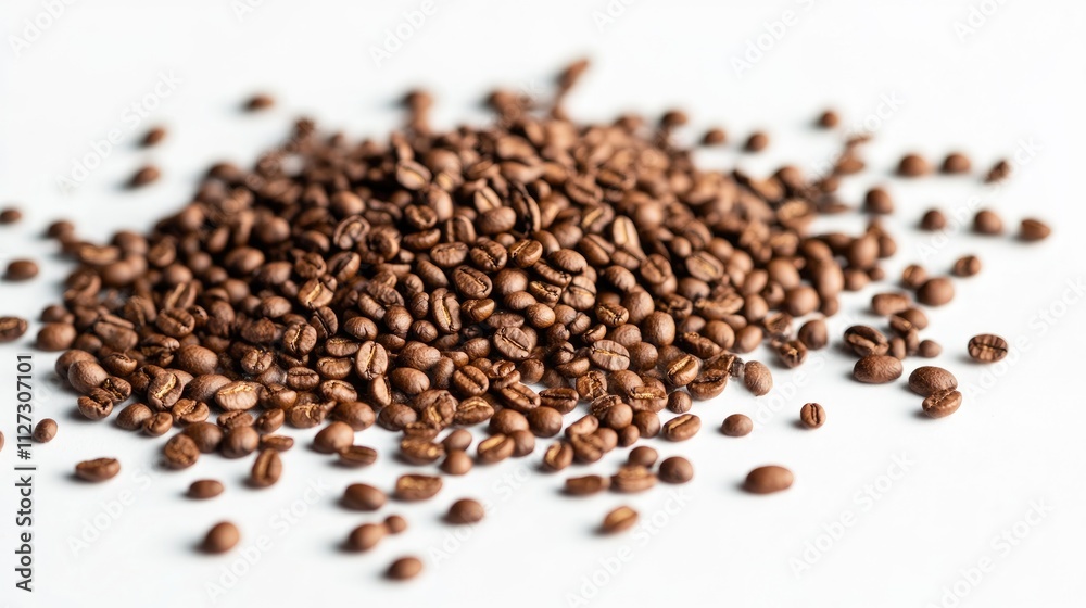 Close up of freshly roasted coffee beans scattered on a light background showcasing texture and color of high quality coffee ingredients