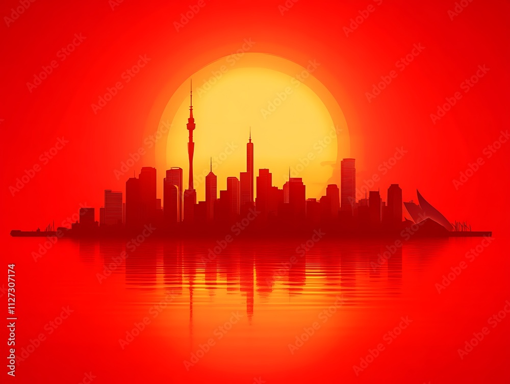 Fototapeta premium Cityscape Silhouette at Sunset Over Water