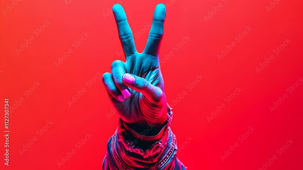 Hand showing peace sign with colorful lighting on red background
