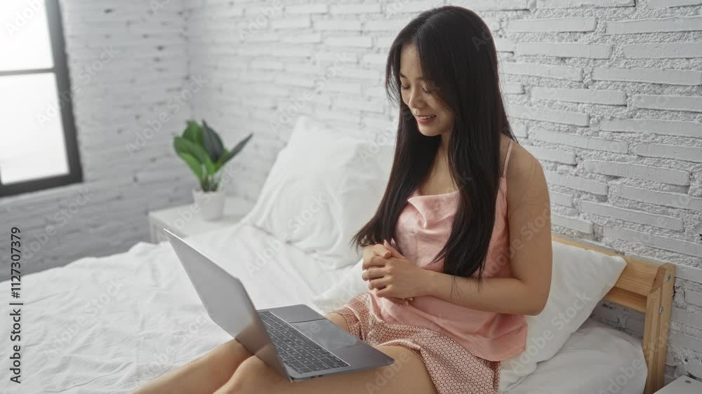 Woman using laptop in modern bedroom smiling while sitting on bed in a bright peaceful home interior Woman using laptop in modern bedroom smiling while sitting on bed in a bright peaceful home interior