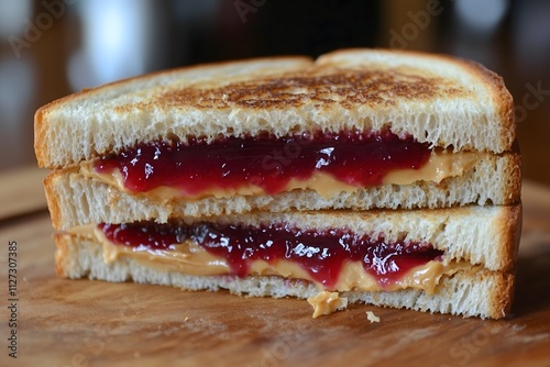 A close-up of a peanut butter and jelly sandwich cut in half and stacked on top of each other photo