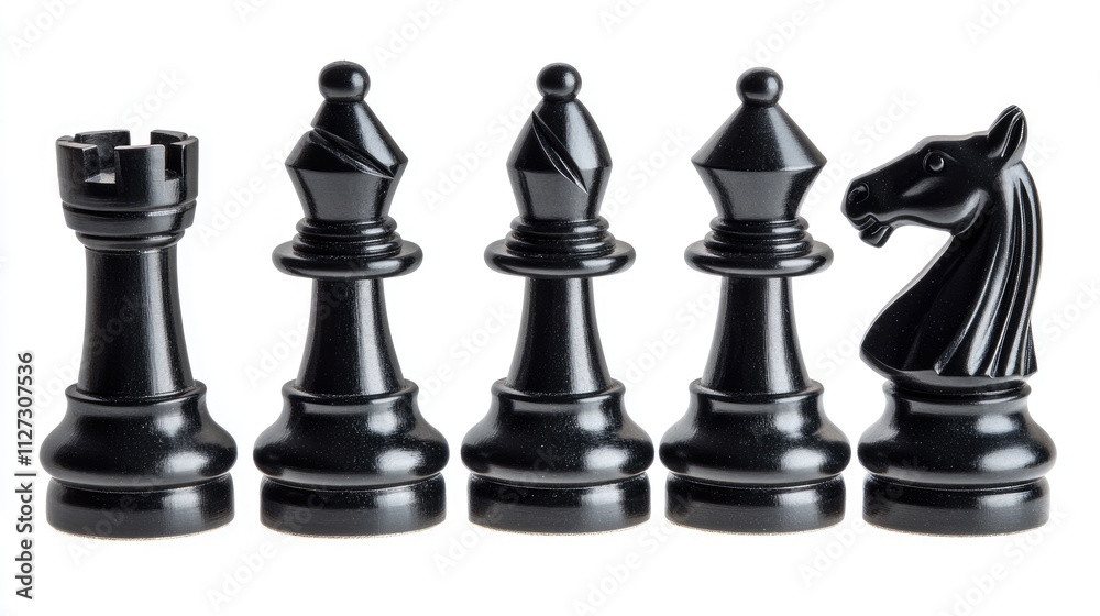 Elegant black chess pieces arranged in a row ready for an intense strategic game ahead on a clean white background. Elegant black chess pieces arranged in a row ready for an intense strategic game ahead on a clean white background.