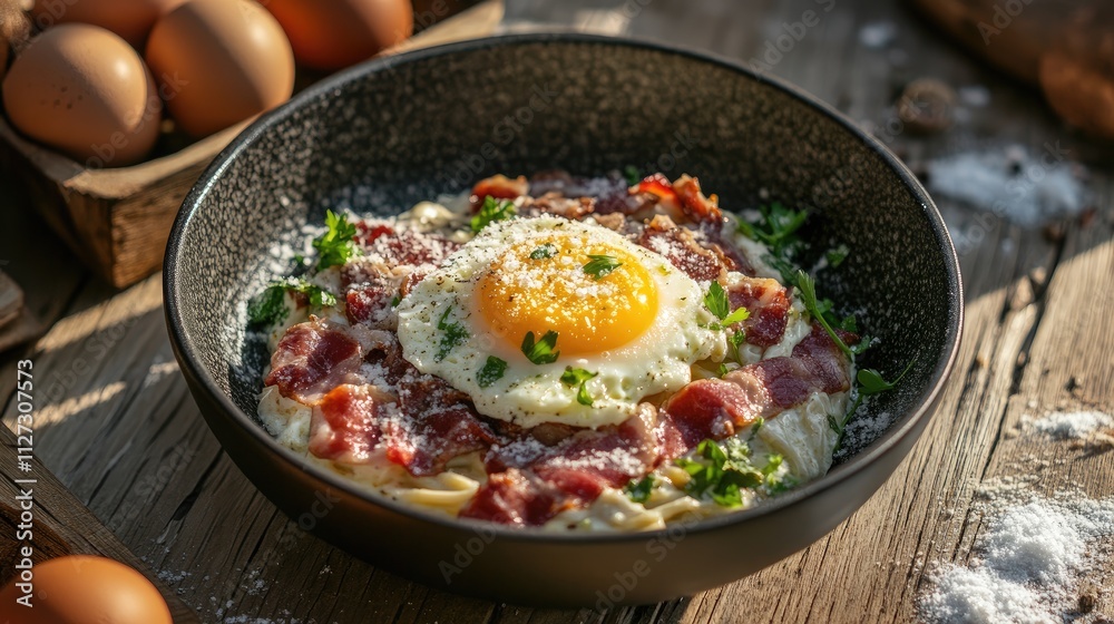 Delicious Carbonara Pasta Dish with Bacon Egg Yolk and Fresh Herbs on Rustic Table Captured in Natural Sunlight Delicious Carbonara Pasta Dish with Bacon Egg Yolk and Fresh Herbs on Rustic Table Captured in Natural Sunlight