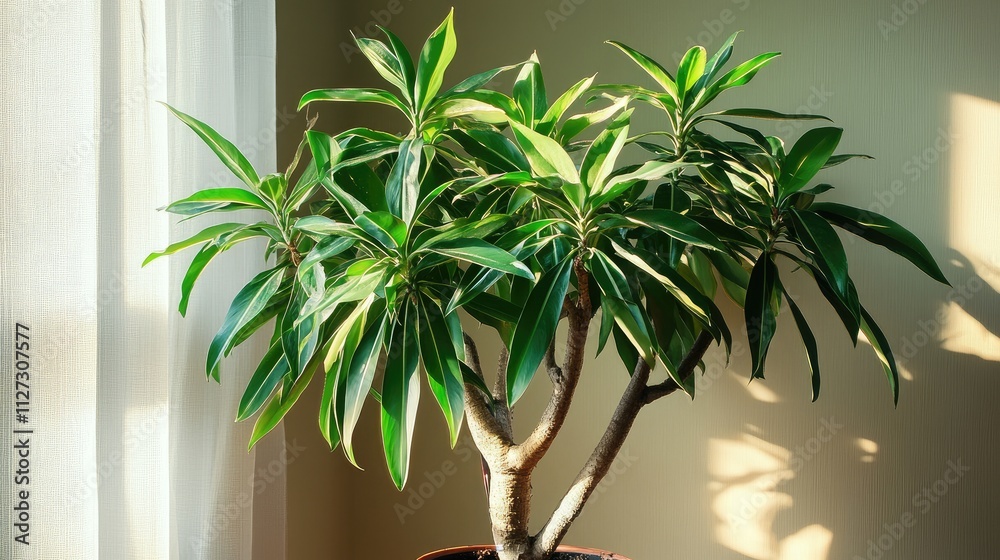Dracaena Sanderiana indoor plant with vibrant green leaves enhancing home decor in natural light setting Dracaena Sanderiana indoor plant with vibrant green leaves enhancing home decor in natural light setting