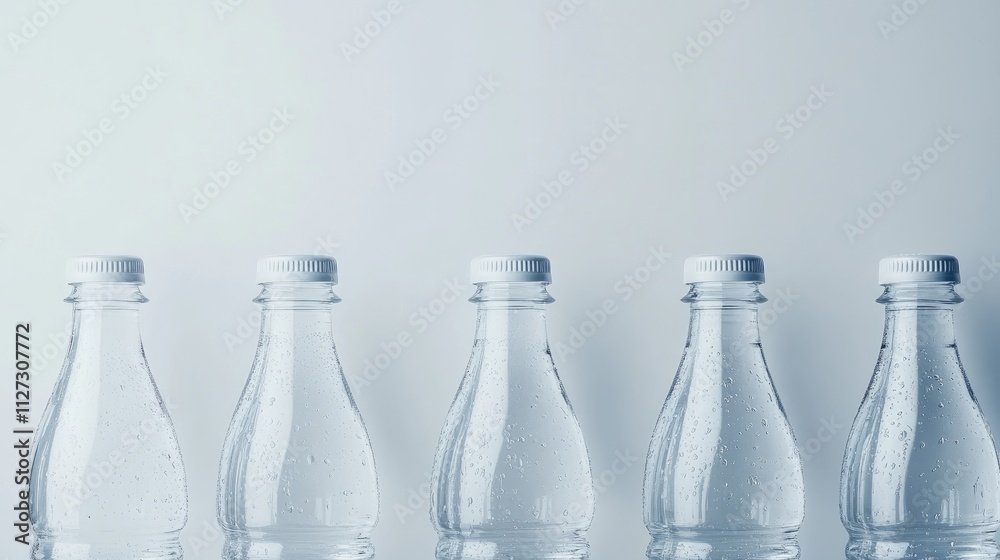 Clear plastic water bottles lined up against a light background showcasing freshness and hydration in a minimalistic style. Clear plastic water bottles lined up against a light background showcasing freshness and hydration in a minimalistic style.