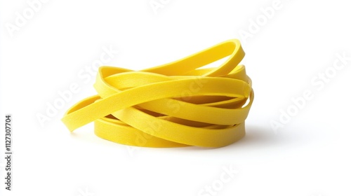 Yellow office rubber bands stacked in a circular arrangement isolated on a clean white background for office supplies and organization concepts. photo