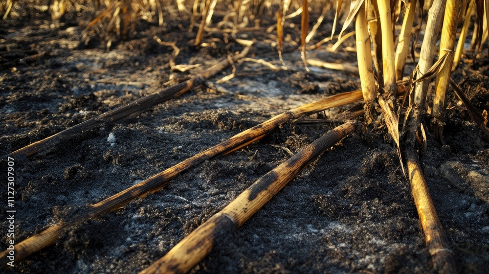 Burnt sugar cane harvested after field burning creating a textured landscape with charred remnants and exposed soil. Burnt sugar cane harvested after field burning creating a textured landscape with charred remnants and exposed soil.