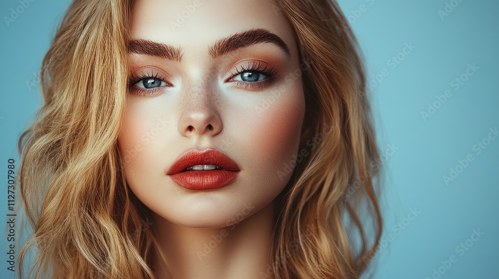 Artistic close-up portrait of a woman with striking makeup and wavy blonde hair against a soft blue background showcasing beauty and elegance Artistic close-up portrait of a woman with striking makeup and wavy blonde hair against a soft blue background showcasing beauty and elegance