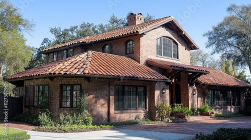 Elegant brick house featuring a metal roof with brown copper gutters surrounded by lush greenery and blue sky backdrop. photo