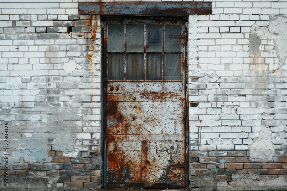 White brick wall with old rustic door in european city. Detailed photo textured background White brick wall with old rustic door in european city. Detailed photo textured background