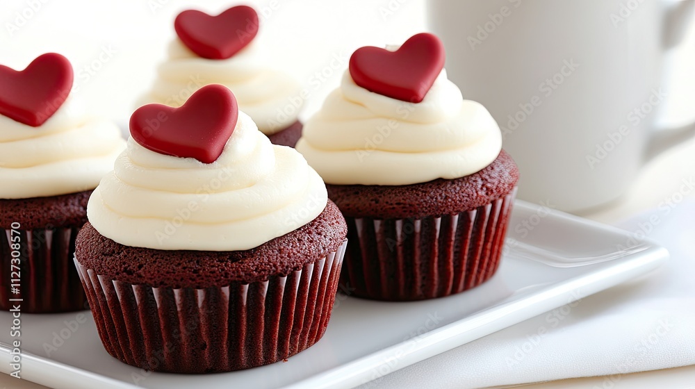 Red velvet mini cakes topped with cream cheese frosting and heart-shaped decorations are arranged on a white plate, enhancing the Valentine's Day ambiance with a cozy coffee mug nearby Red velvet mini cakes topped with cream cheese frosting and heart-shaped decorations are arranged on a white plate, enhancing the Valentine's Day ambiance with a cozy coffee mug nearby