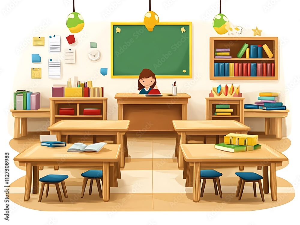 A Bright and Cheerful Classroom Scene with a Teacher and Students A Bright and Cheerful Classroom Scene with a Teacher and Students