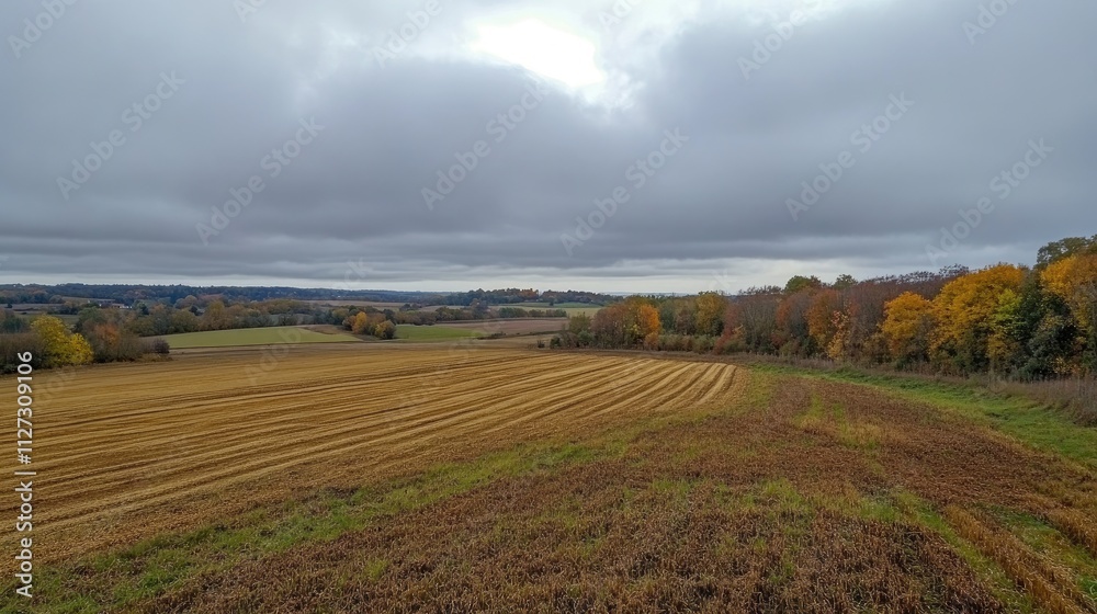 Panoramic autumn landscape featuring harvested agricultural fields beneath a grey cloudy sky showcasing nature's seasonal beauty. Panoramic autumn landscape featuring harvested agricultural fields beneath a grey cloudy sky showcasing nature's seasonal beauty.
