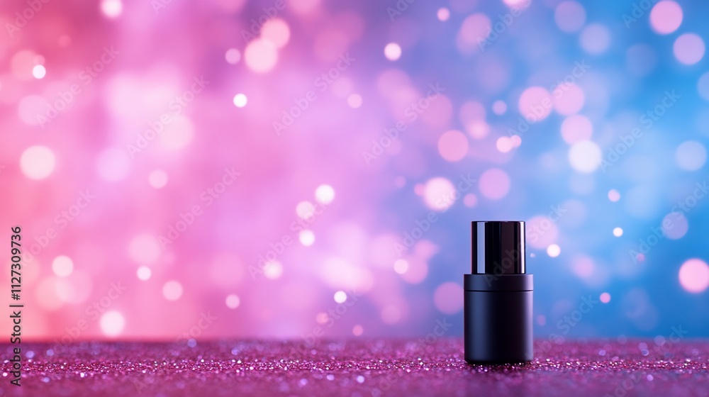 A sleek black bottle against a colorful bokeh background. A sleek black bottle against a colorful bokeh background.