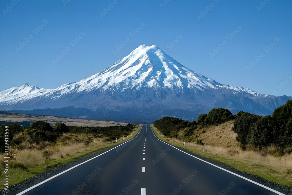 A breathtaking view of a towering mountain with snow-capped peaks looming over a quiet highway A breathtaking view of a towering mountain with snow-capped peaks looming over a quiet highway