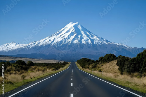 A breathtaking view of a towering mountain with snow-capped peaks looming over a quiet highway photo