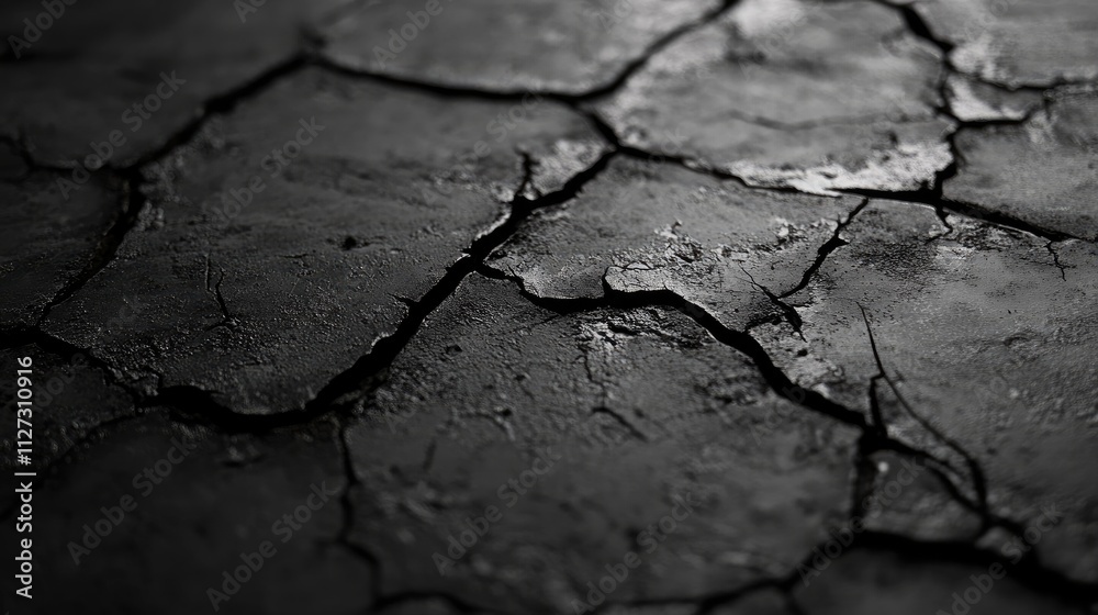 Cracked texture of aged concrete floor showcasing intricate detail and weathering effects in monochrome aesthetic for design use Cracked texture of aged concrete floor showcasing intricate detail and weathering effects in monochrome aesthetic for design use