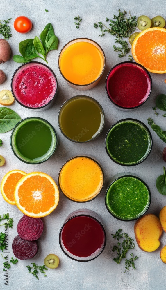 A colorful arrangement of various juices in glasses, surrounded by fresh fruits and herbs. A colorful arrangement of various juices in glasses, surrounded by fresh fruits and herbs.