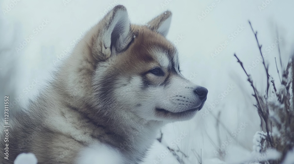 Snowy landscape featuring a charming Akita Inu puppy with a soft focus on its profile and serene winter environment. Snowy landscape featuring a charming Akita Inu puppy with a soft focus on its profile and serene winter environment.