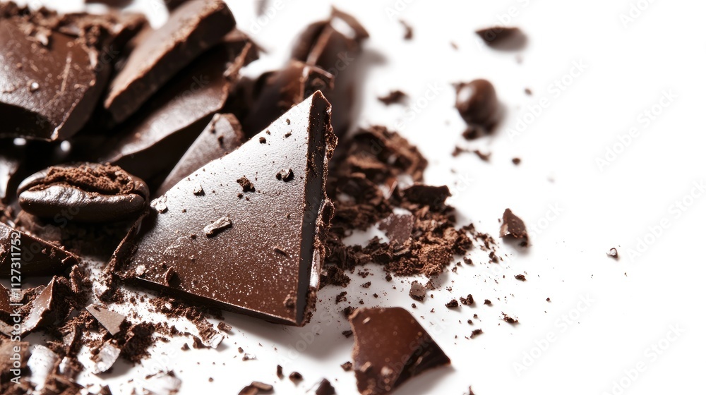 Broken chocolate pieces mixed with coffee beans on a white background showcasing texture and detail in a closeup shot. Broken chocolate pieces mixed with coffee beans on a white background showcasing texture and detail in a closeup shot.