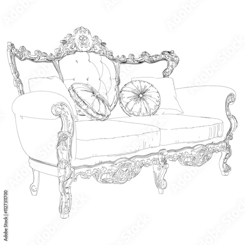 Sofa for the living room hand-painted in different sizes and types, Elegant baroque and classical designs. Vector Illustration