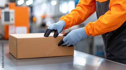 Gloved worker carefully handling a cardboard package in a modern, brightly lit industrial setting with equipment in background.
