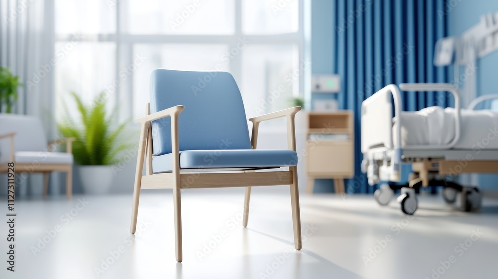 A blue cushioned chair in a bright, modern hospital room with a bed, potted plants, and medical equipment in the background. A blue cushioned chair in a bright, modern hospital room with a bed, potted plants, and medical equipment in the background.