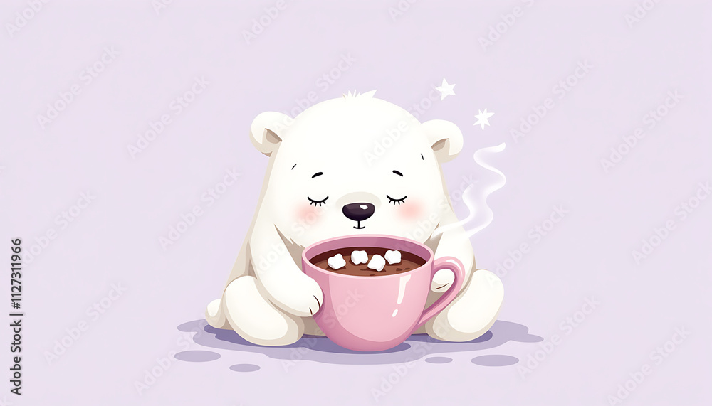 Naklejka premium Cute polar bear enjoying hot chocolate in a pink mug