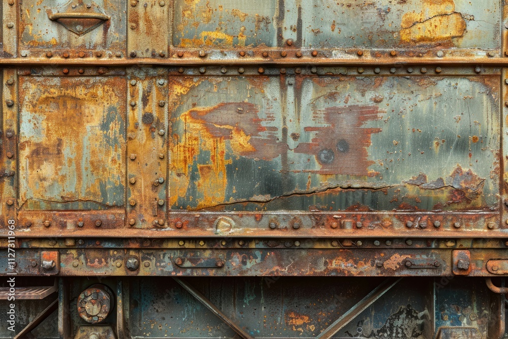 Side view of rust metal wall of railway wagon side part. Detailed photo textured background Side view of rust metal wall of railway wagon side part. Detailed photo textured background